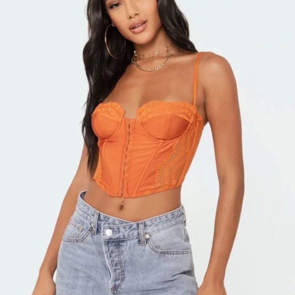 Edikted Orange Payton Lace Up Corset Underwire Tank Top M